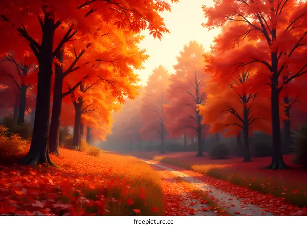 Autumn Forest Path with Vibrant Red Leaves and Morning Mist