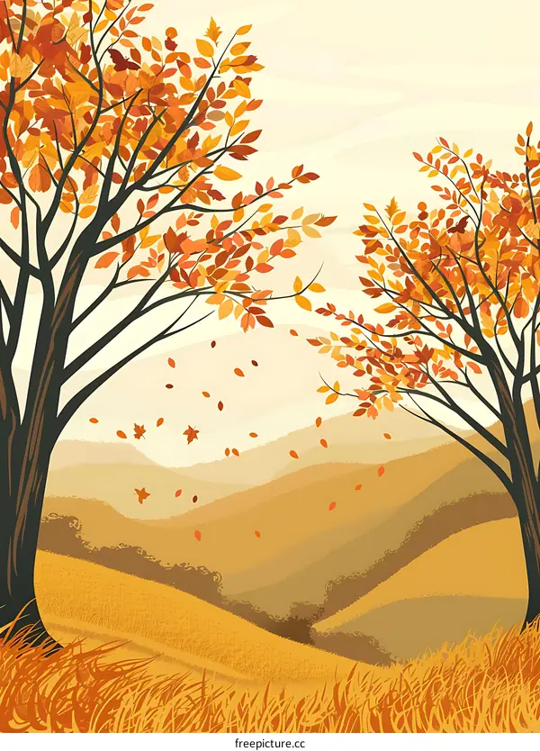 Autumn Landscape With Two Trees And Falling Leaves