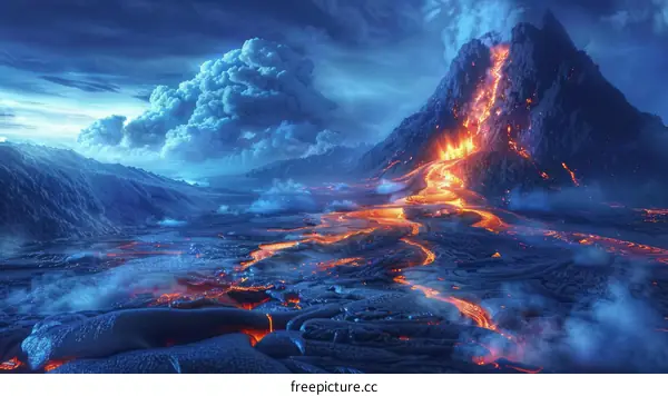 Molten Lava Flowing Down a Mountainside During a Volcanic Eruption