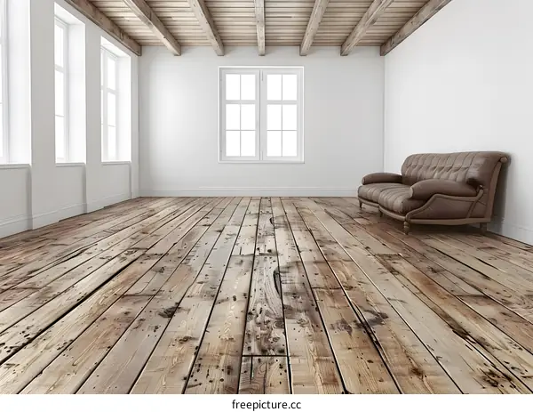 Rustic Wooden Floor in Empty Living Room with Leather Sofa
