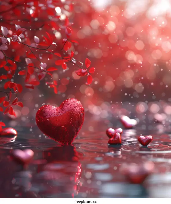 Crimson Heart on Water Surrounded by Autumn Leaves