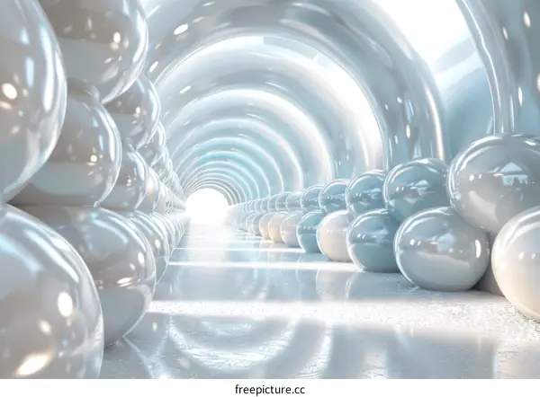 Futuristic tunnel with glowing white and blue spheres