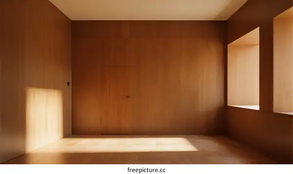 Empty room with wooden walls and floor showing natural light