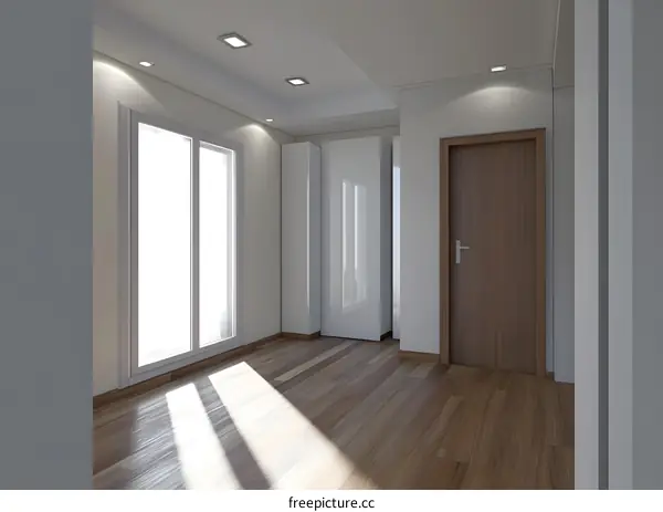 Empty Modern Interior Design with Large Window and Wooden Floor