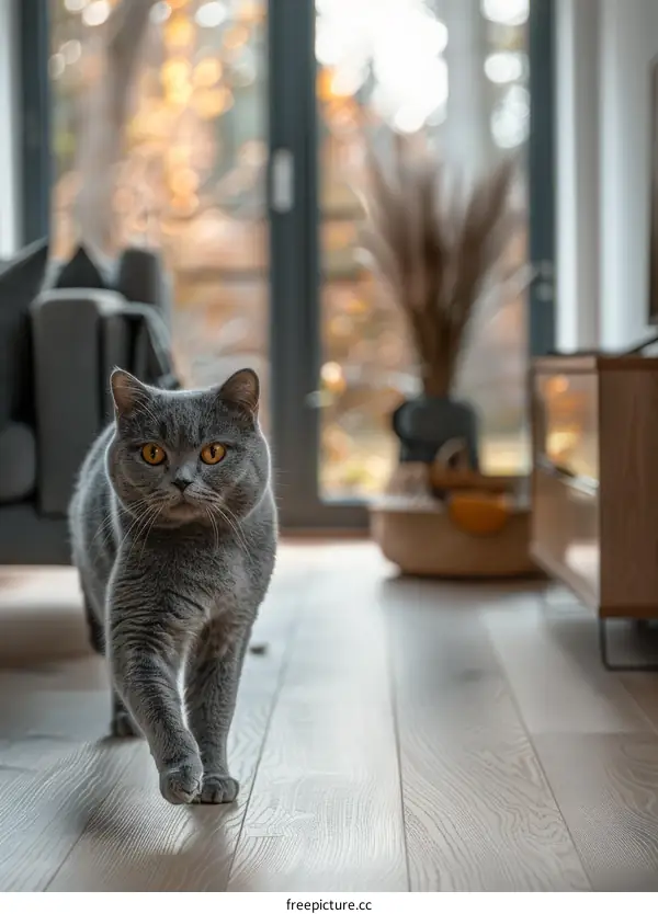 A gray cat is walking on the wooden floor in the house