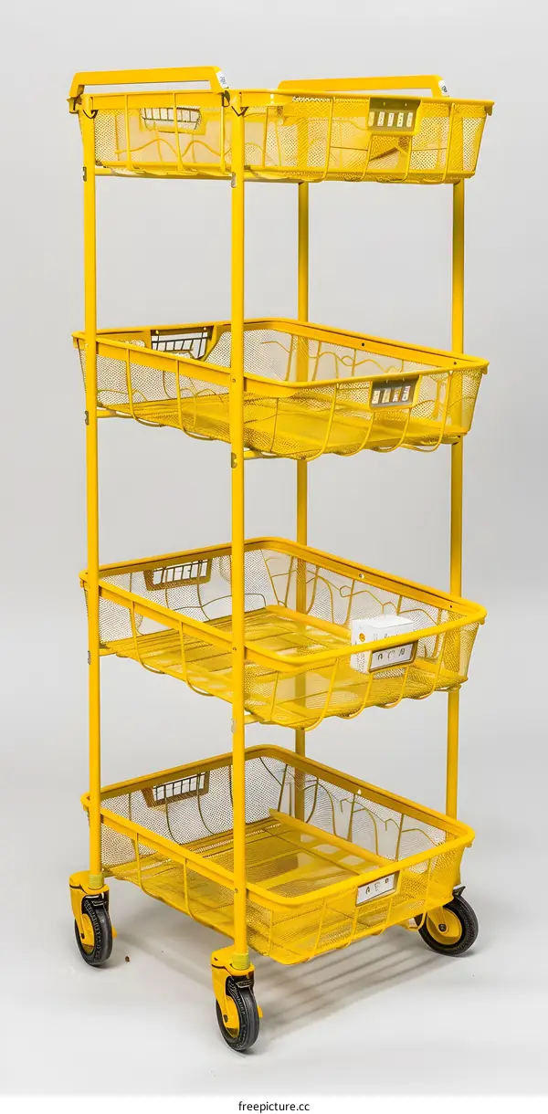 Yellow Metal Wire Storage Cart with Four Baskets and Wheels