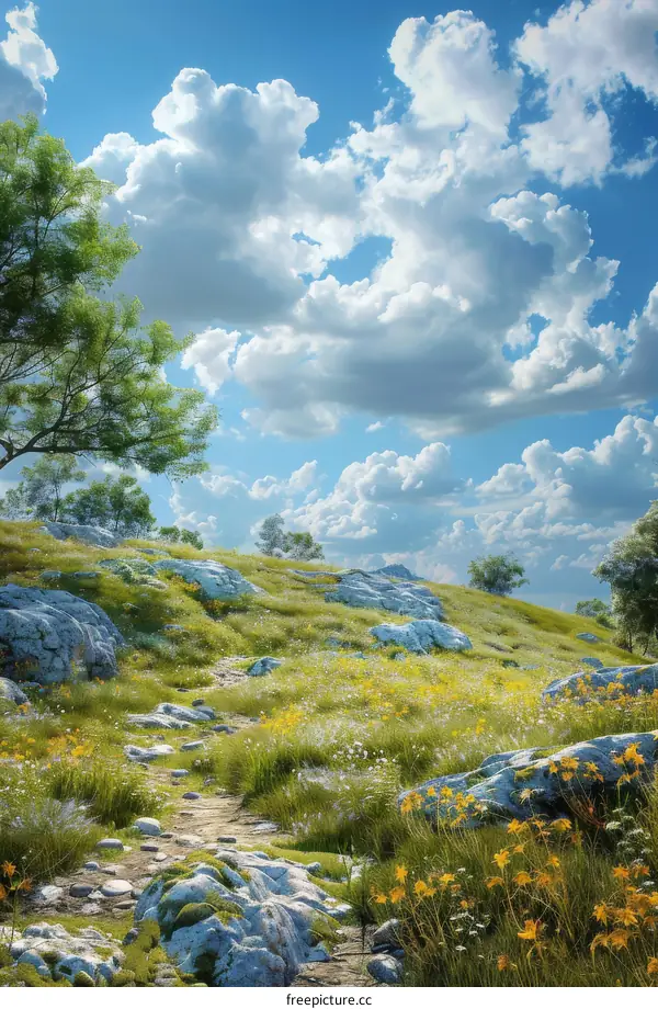 Serene Hillside Landscape with Wildflowers