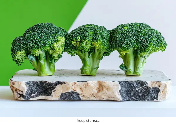 Fresh Broccoli Heads on Natural Stone