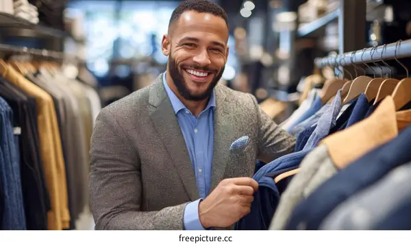Happy Man Shopping for Clothes in a Store