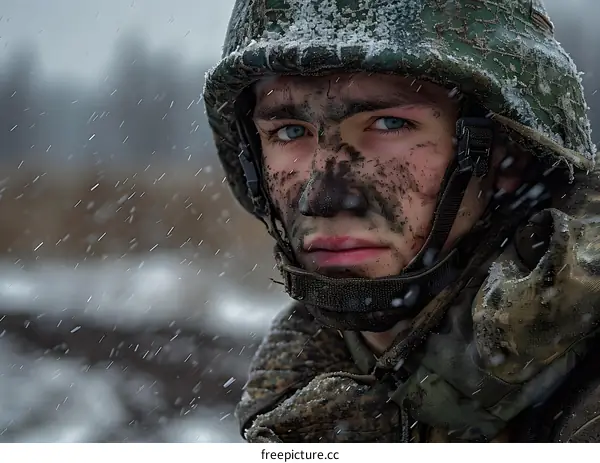 Portrait of a young soldier in a green helmet and camouflage uniform with face painted in the snow