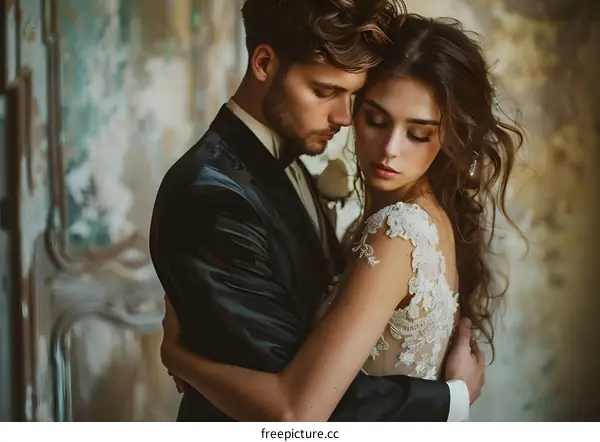 The blonde and blue-eyed handsome groom embraces the beautiful bride affectionately