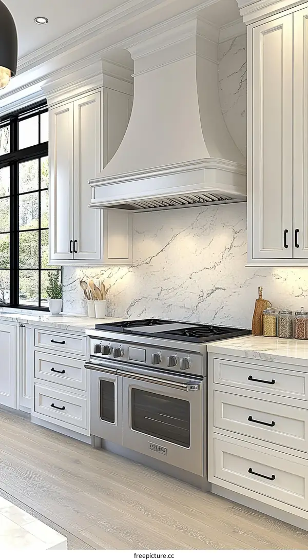 Modern White Kitchen with Elegant Range Hood and Appliances