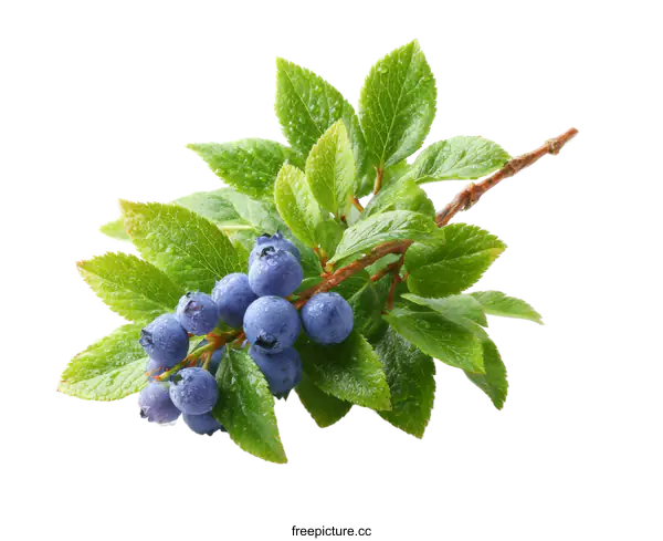 [Transparent Background PNG]Fresh Blueberries with Leaves and Dew Drops