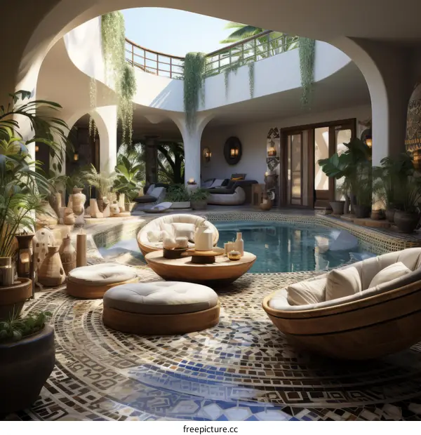 A Luxurious Moroccan Courtyard with a Pool and Comfortable Seating