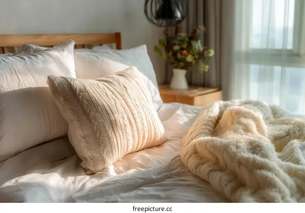 Cozy Knitted Throw Pillow and Blanket on a Bed