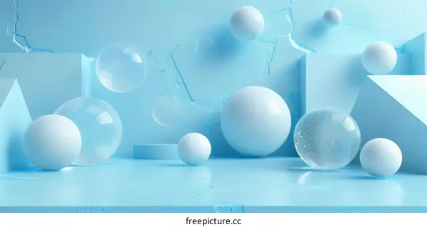 3D rendering of blue geometric shapes and glass spheres on a blue background