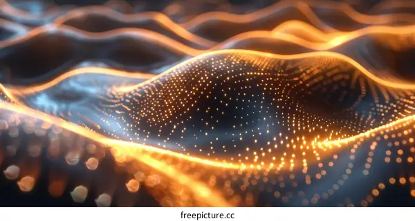 Abstract glowing orange particles form waves on a dark blue background.