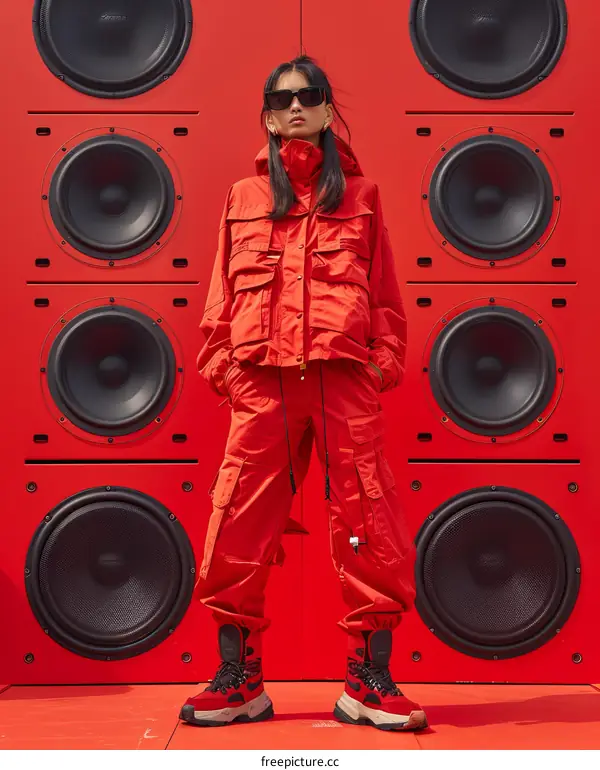 Asian woman in red posing in front of red speaker wall