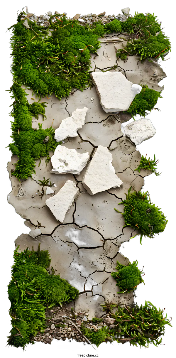 [Transparent Background PNG]Cracked Dry Earth with Green Moss