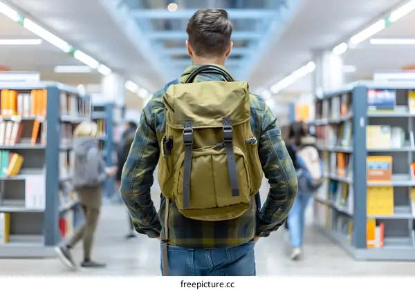 Young Man Walking Through Library With Backpack