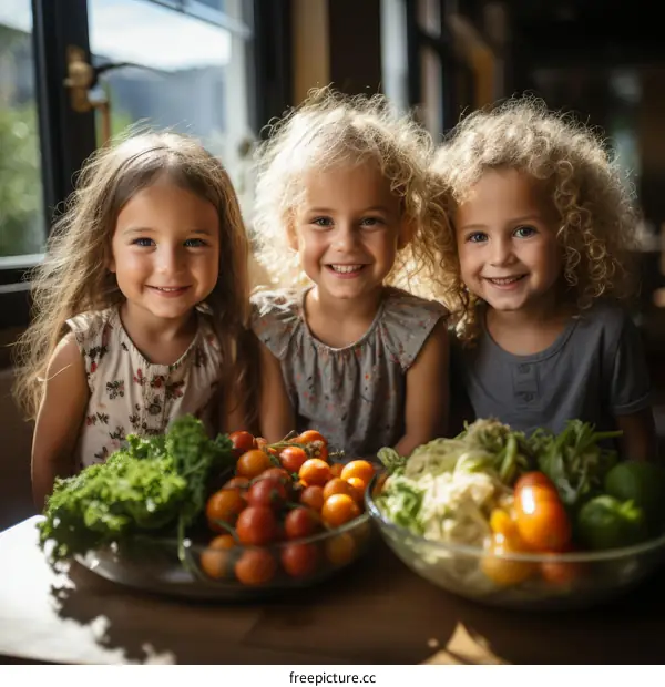 Three happy little girls sitting at a table with bowls of vegetables