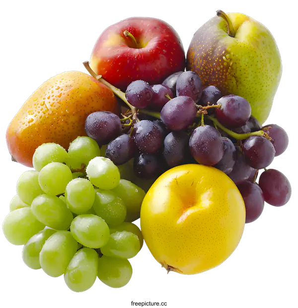 [Transparent Background PNG]Fresh Fruit Still Life with Red Apple, Green Grapes and Pear