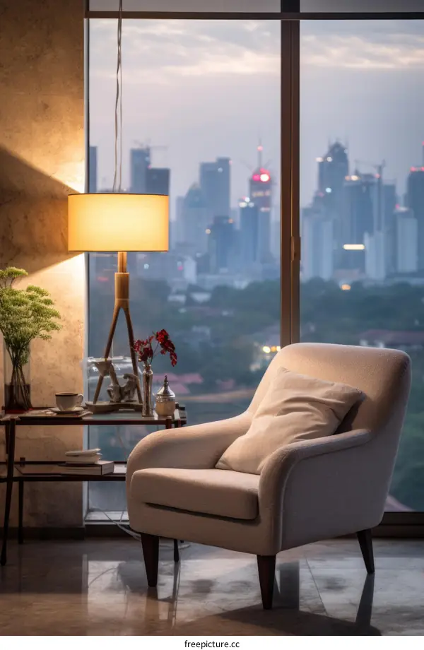 Modern living room interior with city view