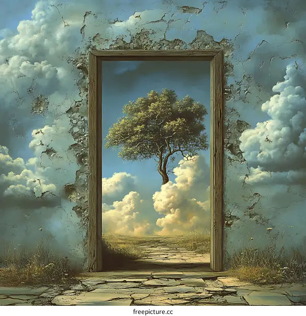 Open Door to a Surreal Landscape with Clouds and a Tree
