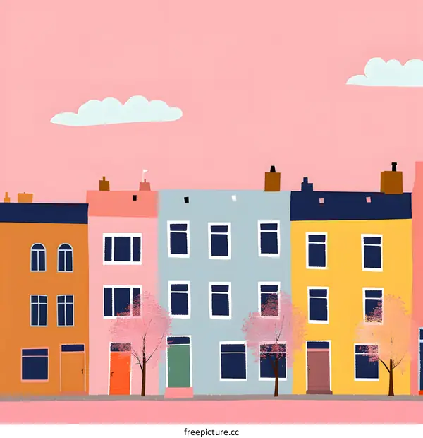 Colorful Illustration of a Row of Houses with Pink Sky