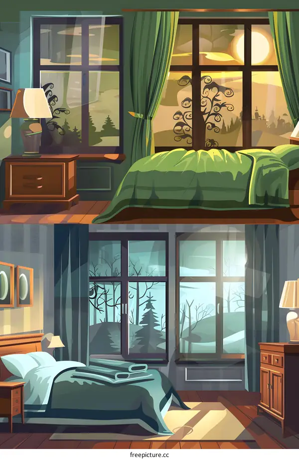 Bedroom Interior With Window View of Forest