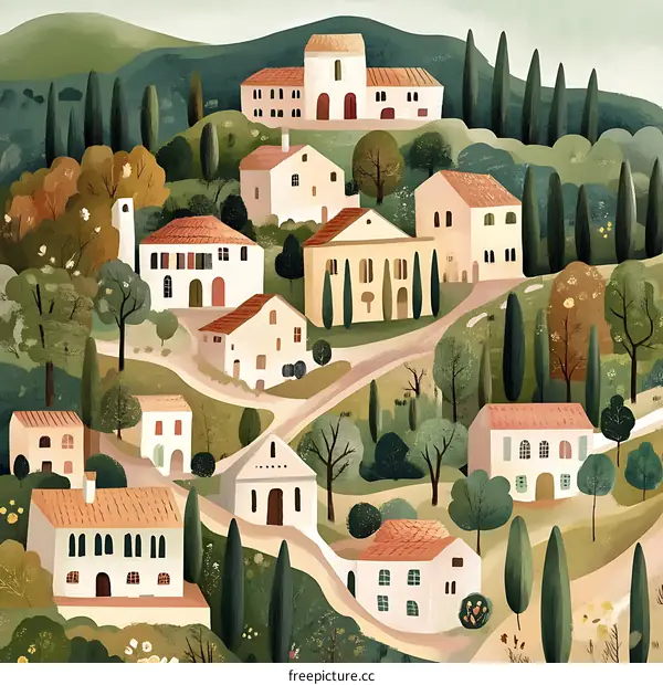 Colorful Illustration of a Village in the Hills
