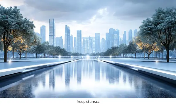 Modern City Park Pathway with Water Feature