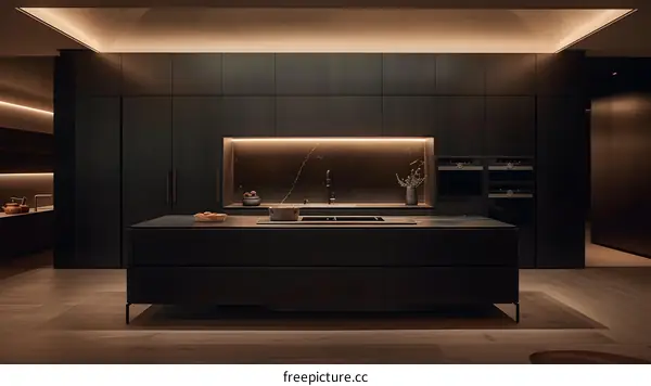 Modern Black Kitchen Interior Design with Island and Marble Backsplash