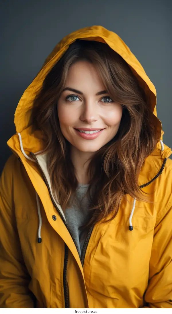 portrait of a smiling woman wearing a yellow raincoat