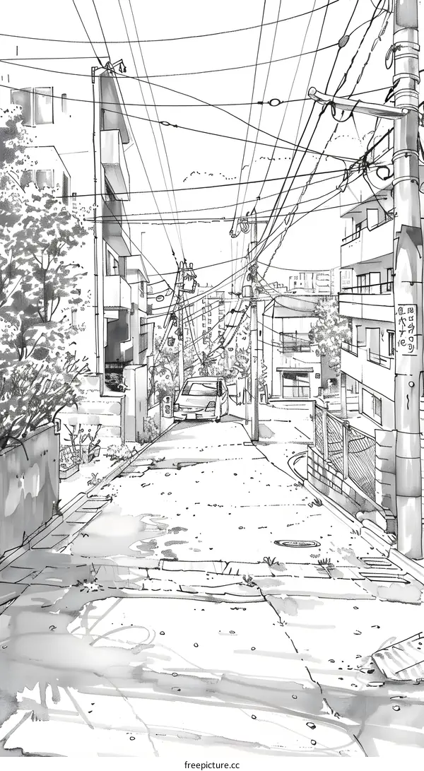 Black and White Illustration of Narrow Street in Japan