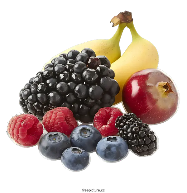 [Transparent Background PNG]Fresh Organic Berries and Bananas Isolated on transparent background
