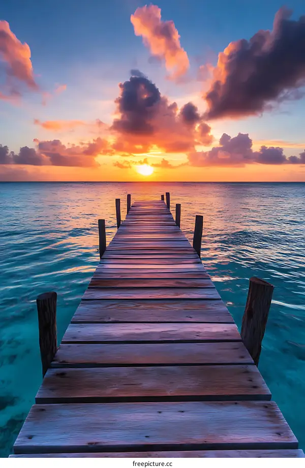 Wooden Dock Extending into the Ocean at Sunset