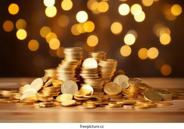 Golden Coin Stacks on Wooden Table, Wealth and Abundance