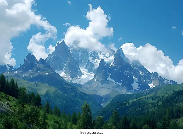 The majestic snow capped mountains with lush green valley and trees in the foreground
