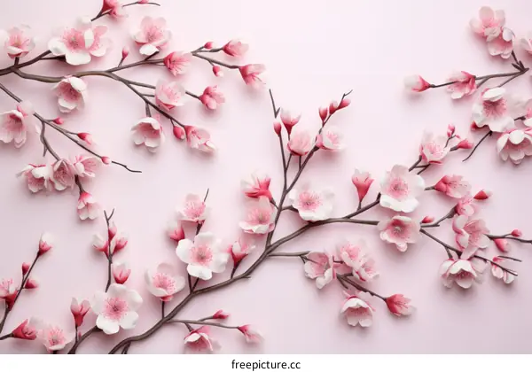 Light pink cherry blossom branches on a pink background