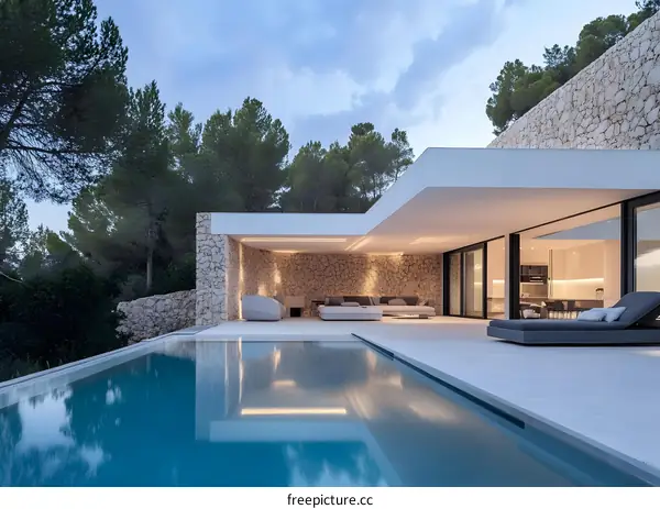 Modern Minimalist Architecture with Infinity Pool and Stone Wall