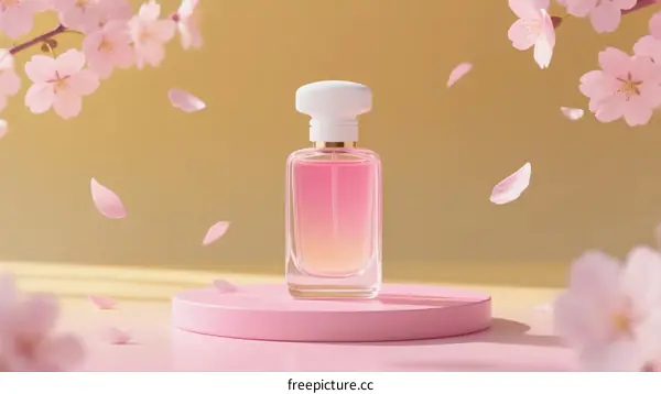 Elegant Perfume Bottle with Cherry Blossom Petals in Soft Light