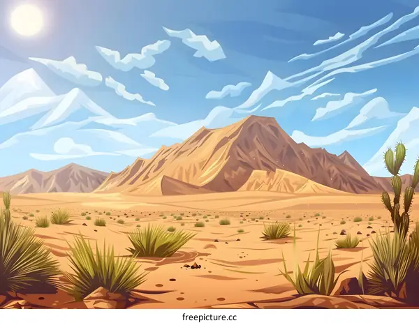 Desert Landscape With Mountains And Cactus