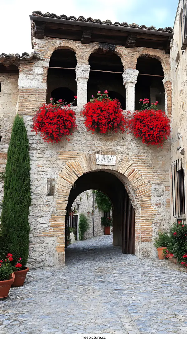 Stone Archway with Red Flowers in a Historic Italian Village