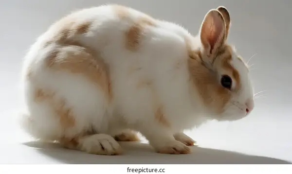 Cute White and Brown Spotted Rabbit Sitting on White Background