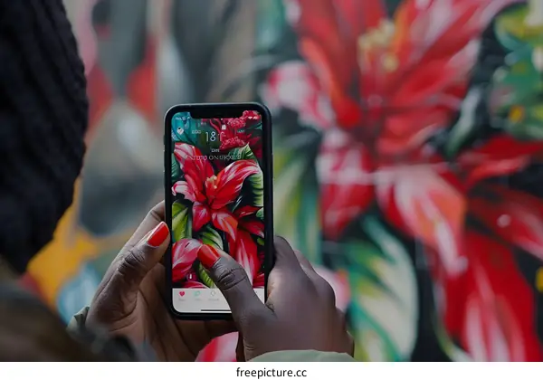 Person using a smartphone to take a photo of a floral mural