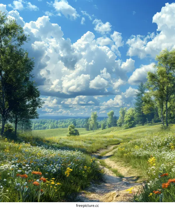 Summer Meadow Path Under a Cloudy Sky