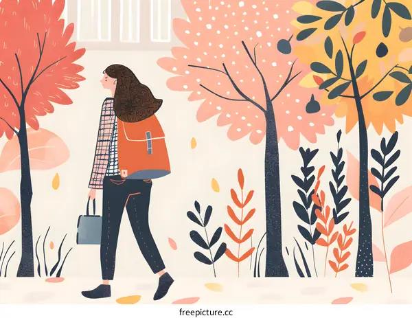 Girl Walking Through Autumn Forest Illustration