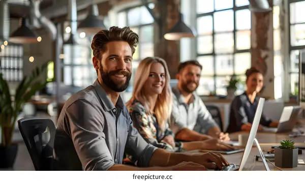portrait of a smiling man with a beard sitting in a chair in an office with three people in the background