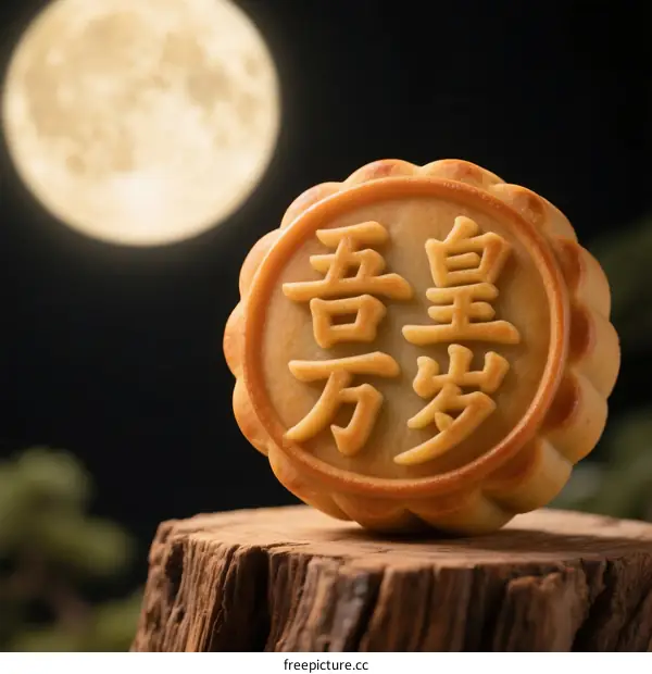 Mooncake with Chinese characters under the full moon at night